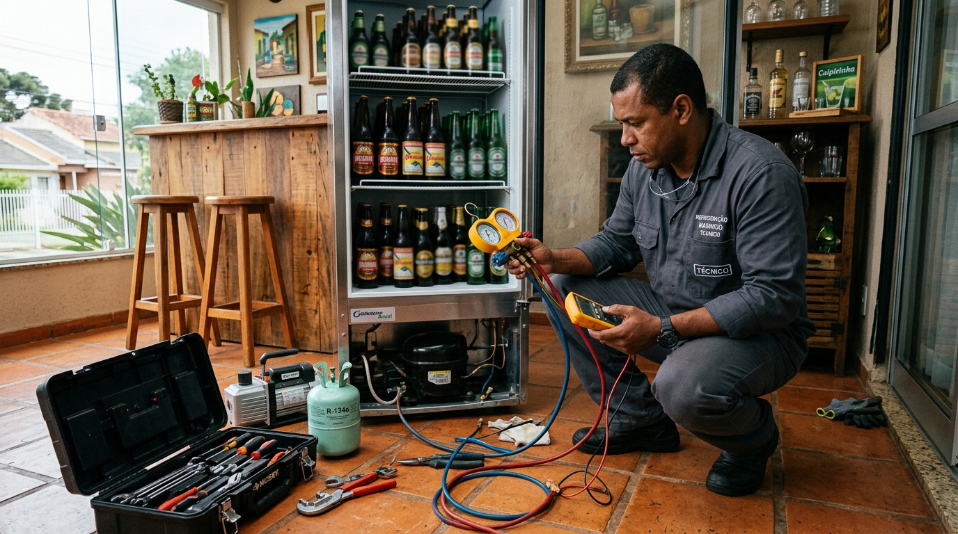 Técnico realizando manutenção de motor de cervejeira no Presidente Vargas, Caxias do Sul‑RS