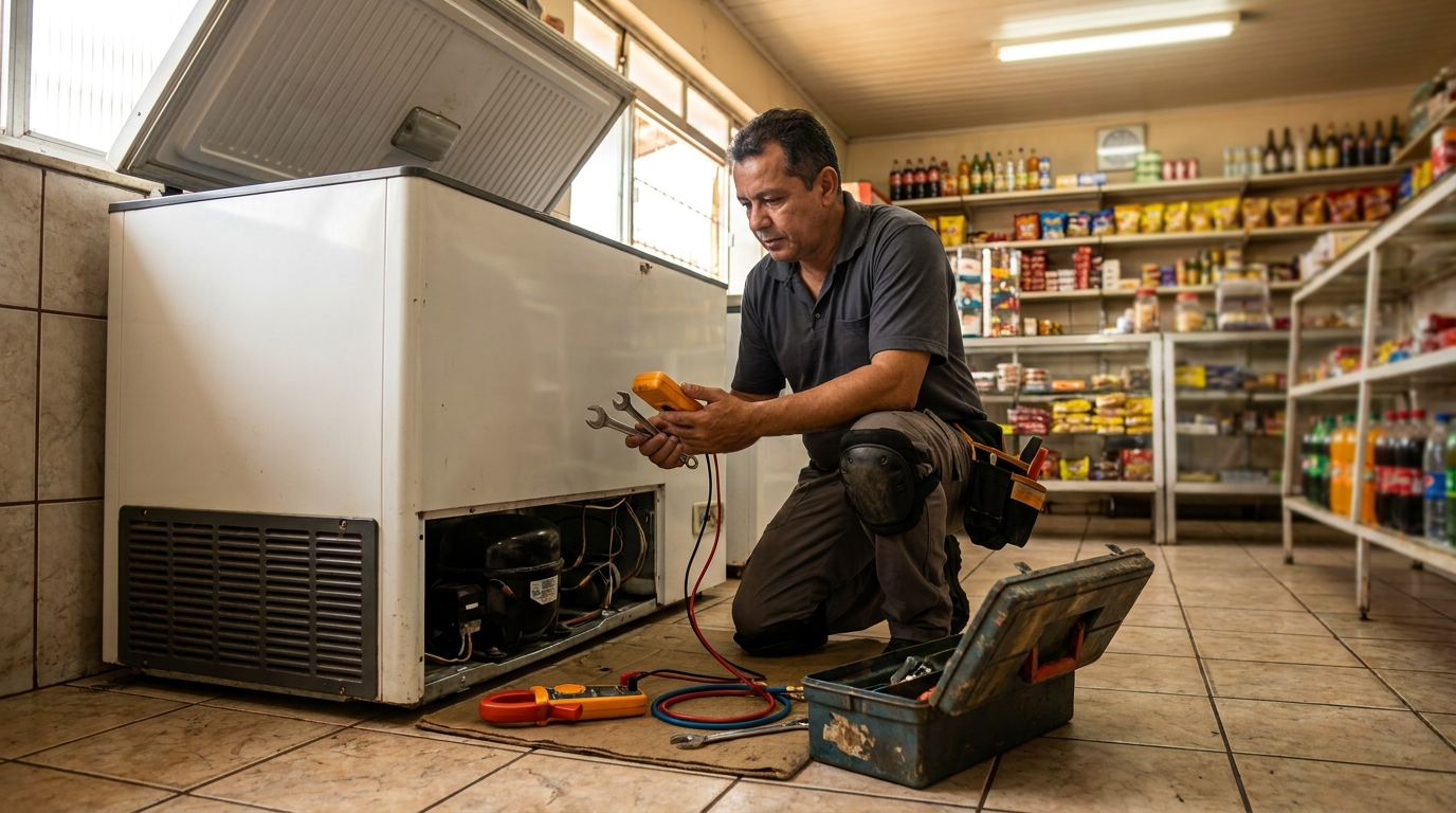 Técnico realizando manutenção de motor de freezer na Floresta, Caxias do Sul‑RS
