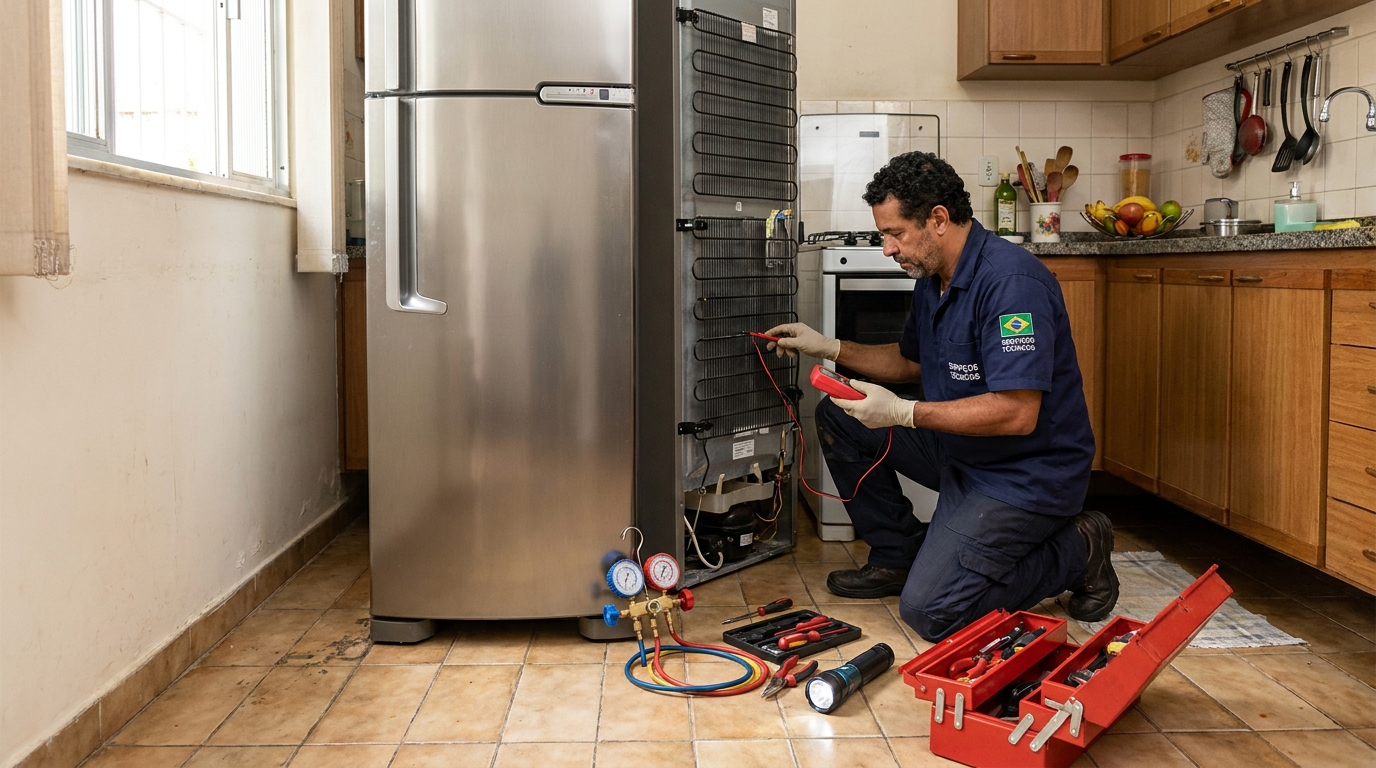 Técnico realizando manutenção de motor de geladeira nos Interlagos, Caxias do Sul‑RS