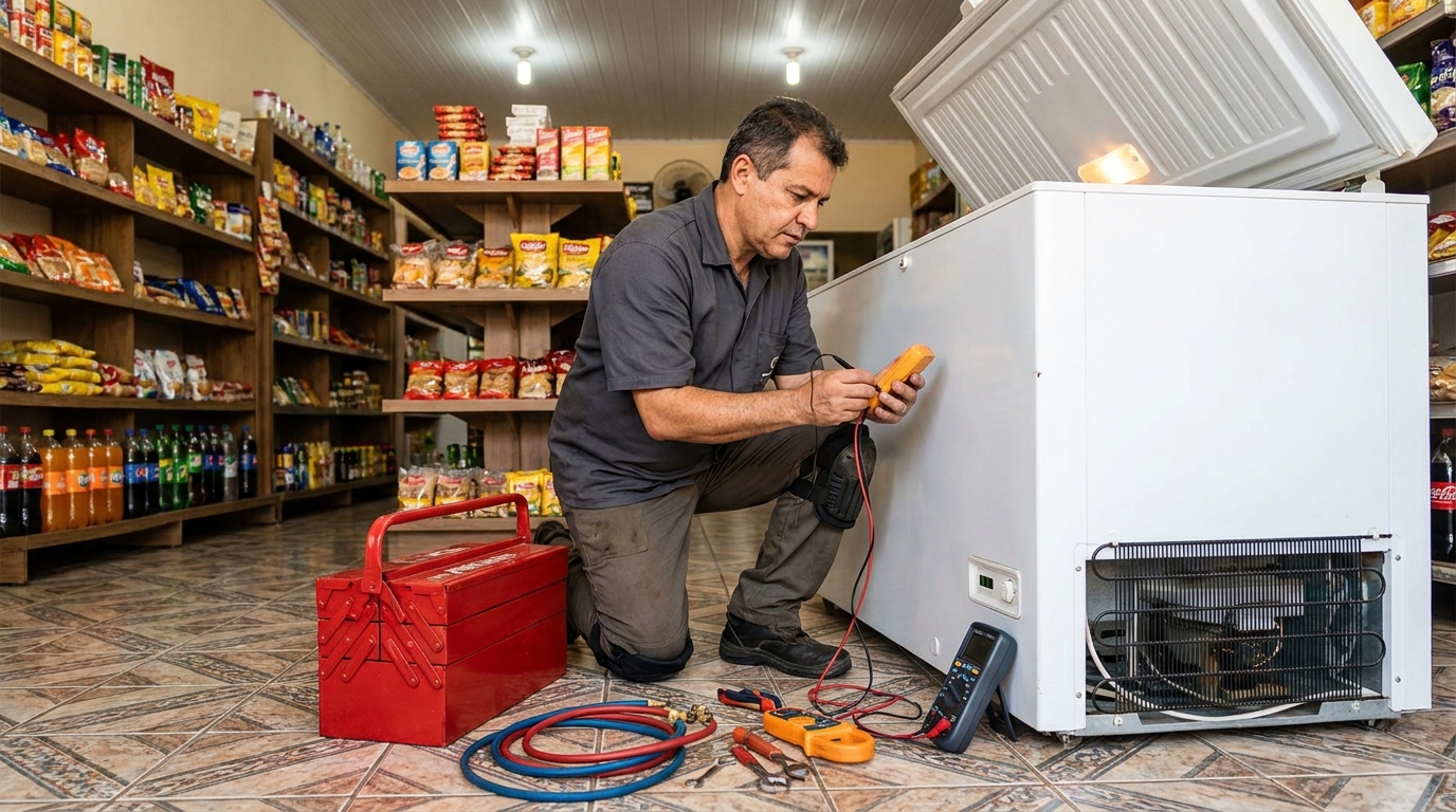 Recarga de gás refrigerante em freezer em atendimento na Floresta, Caxias do Sul‑RS