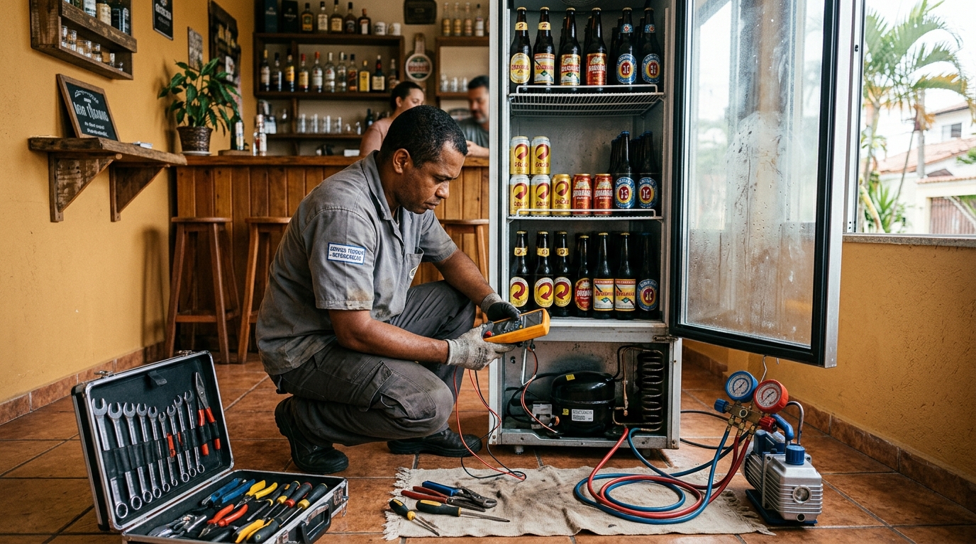 Troca de termostato de cervejeira em atendimento técnico no Presidente Vargas, Caxias do Sul‑RS