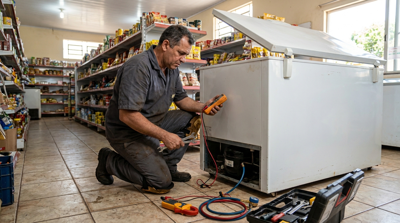 Troca de termostato de freezer em atendimento técnico na Floresta, Caxias do Sul‑RS